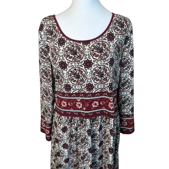 Max Studio 3/4 Sleeve Knee Length Dress Burgundy Cream Floral Boho Artsy Large - Picture 2 of 10